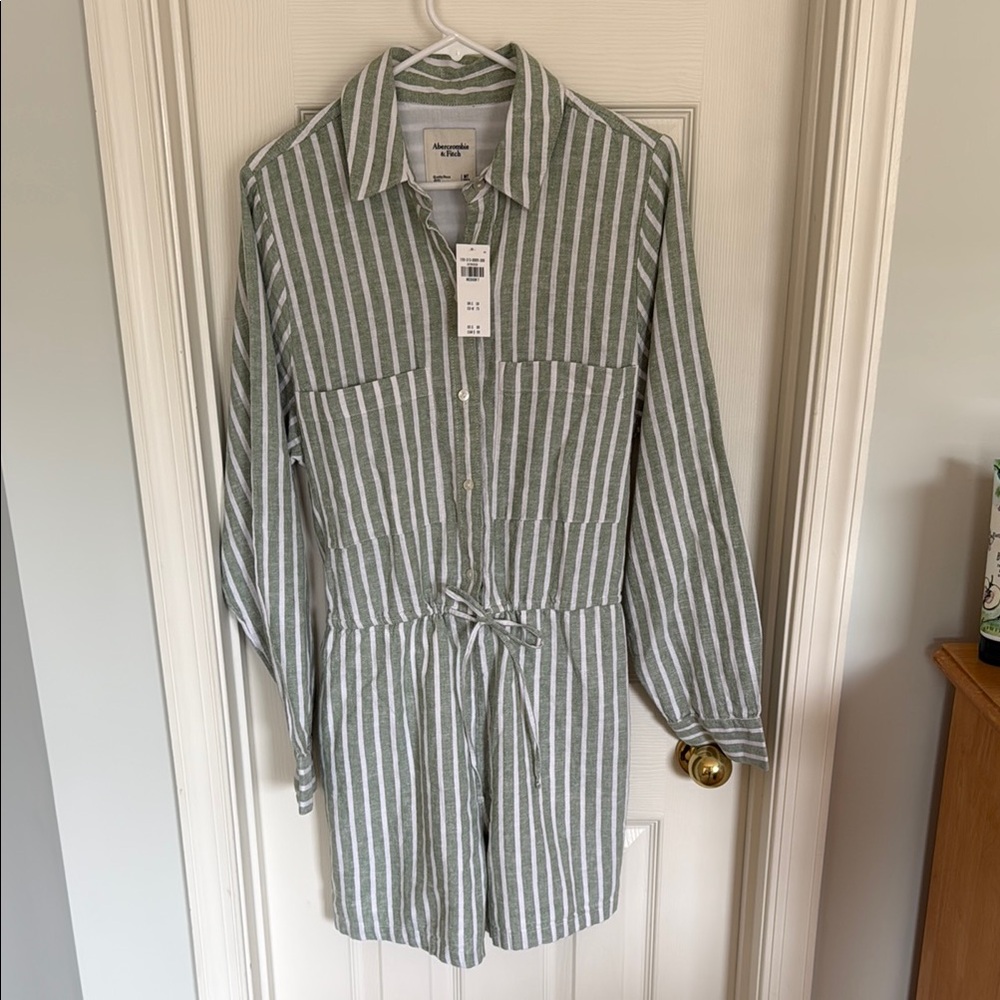 Abercrombie & Fitch Green and White Striped Button-Up Romper M Tall